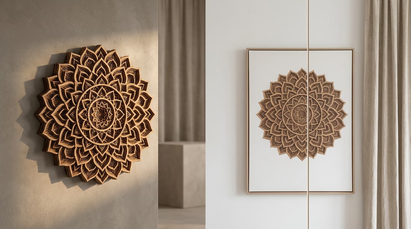Split composition: multi-layered 3D wooden mandala with dramatic shadows on the left, flat printed canvas of the same design on the right — depth vs. flat