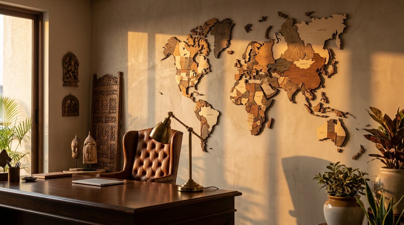 Premium Indian executive home office with a large multi-layered 3D wooden world map mounted behind a dark wooden desk, leather chair, brass lamp, warm evening light