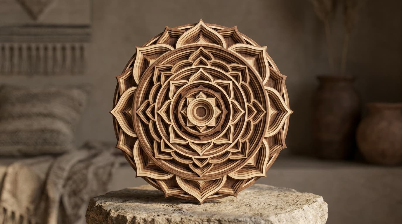 Close-up macro of a handcrafted multi-layered wooden mandala — concentric geometric rings, lotus petals, central bindu, soft shadow play across the layers