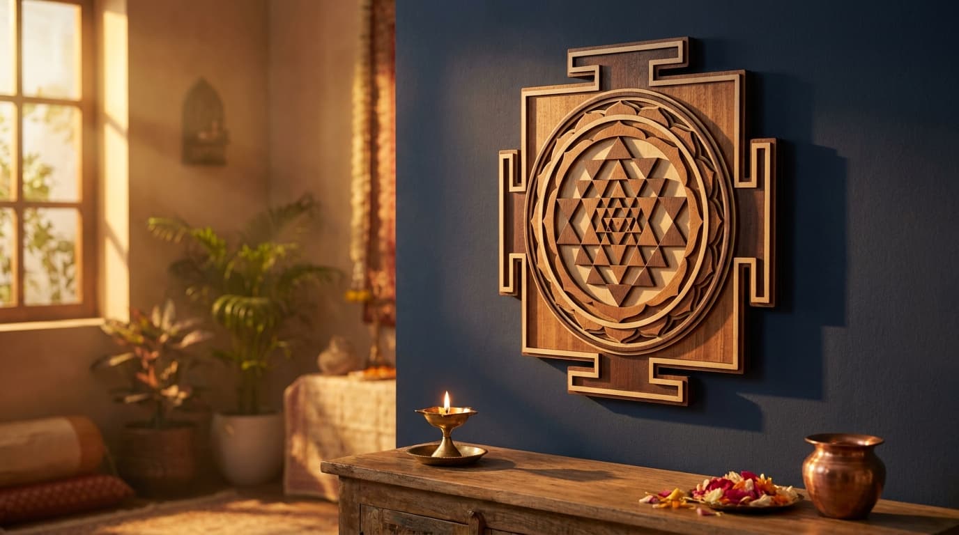 Handcrafted multi-layered wooden Shree Yantra on a deep navy east-facing pooja room wall, brass diya on wooden console below, warm morning light
