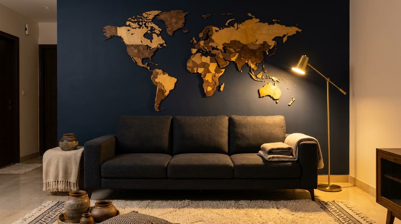 3D wooden world map mounted above a charcoal three-seater sofa on a deep navy accent wall, brass floor lamp casting side-light that reveals the layer depth