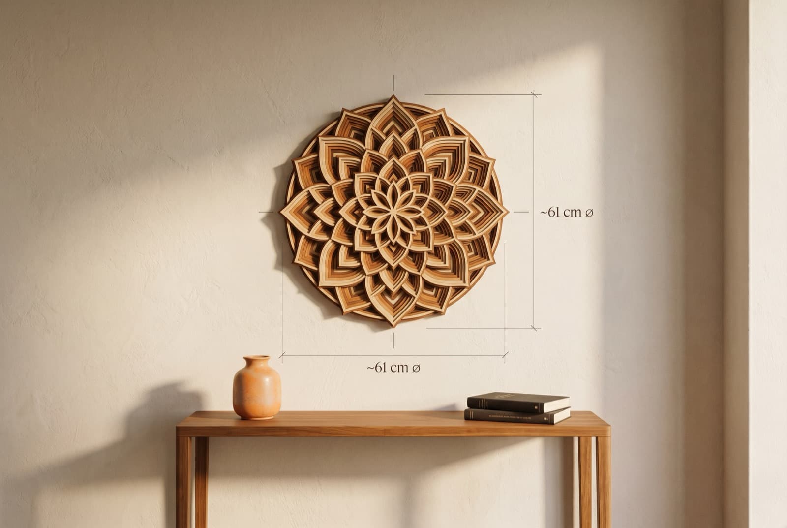 Layered wood mandala installed above a wooden console table, ~61 cm diameter annotated for scale reference.