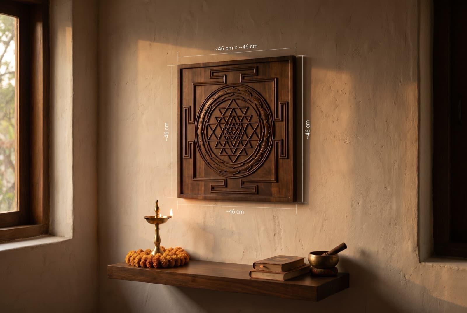 Shree Yantra installed on a pooja-room wall, ~46 cm × ~46 cm annotated for scale reference.