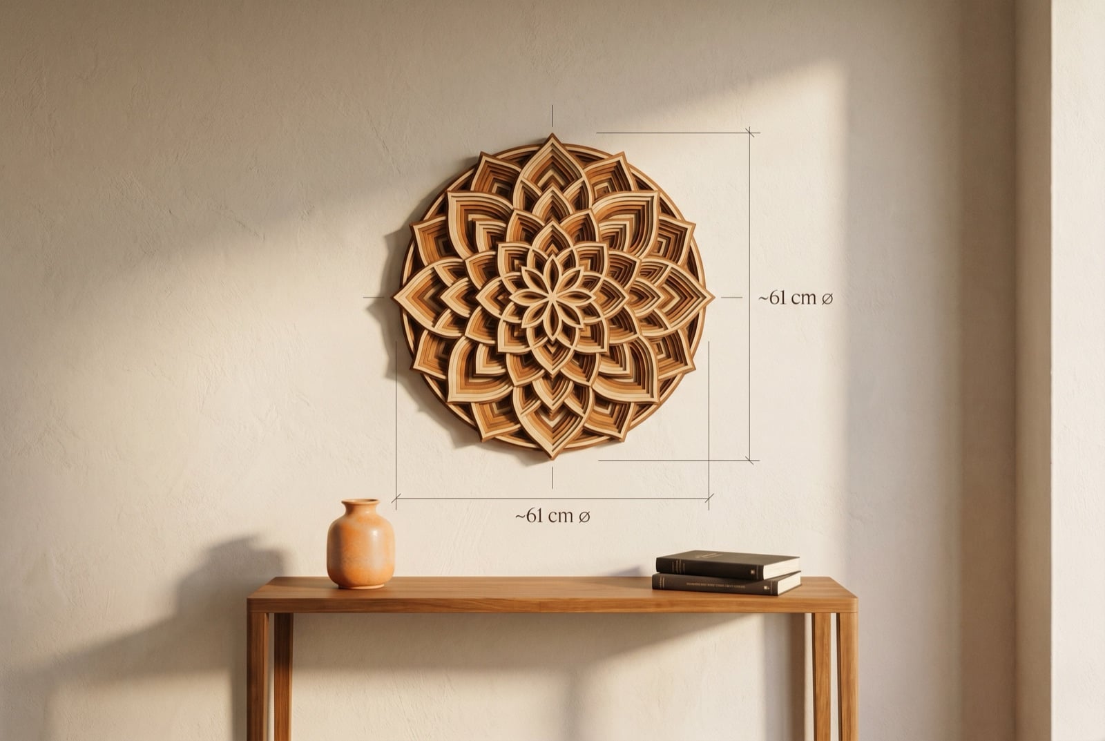 Layered wood mandala installed above a wooden console table, ~61 cm diameter annotated for scale reference.