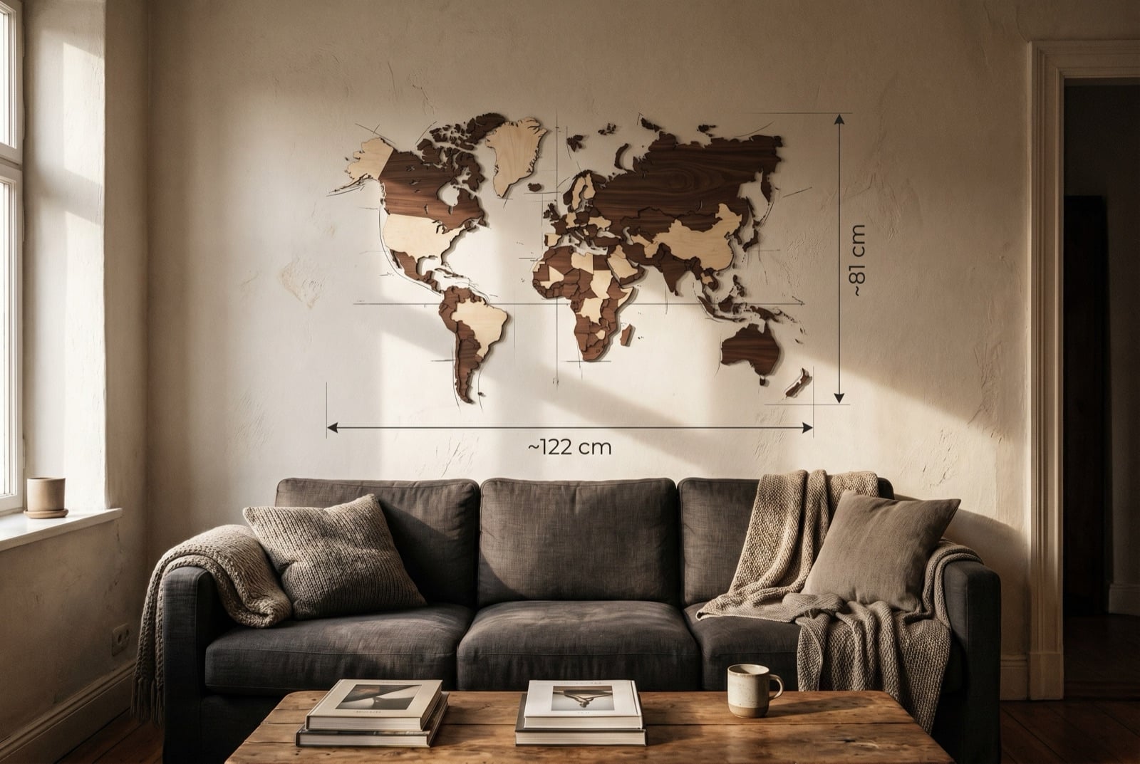 3D Wooden World Map installed above a charcoal three-seater sofa, ~122 cm width × ~81 cm height annotated for scale reference.