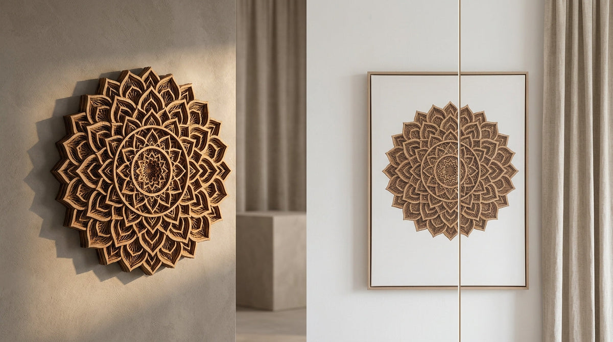 Layered wooden mandala beside a flat canvas print to compare depth and surface