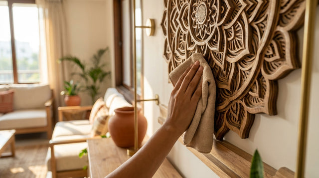 Soft microfibre cloth gently dusting the surface of a multi-layered wooden mandala, natural daylight, clean minimalist Indian home interior