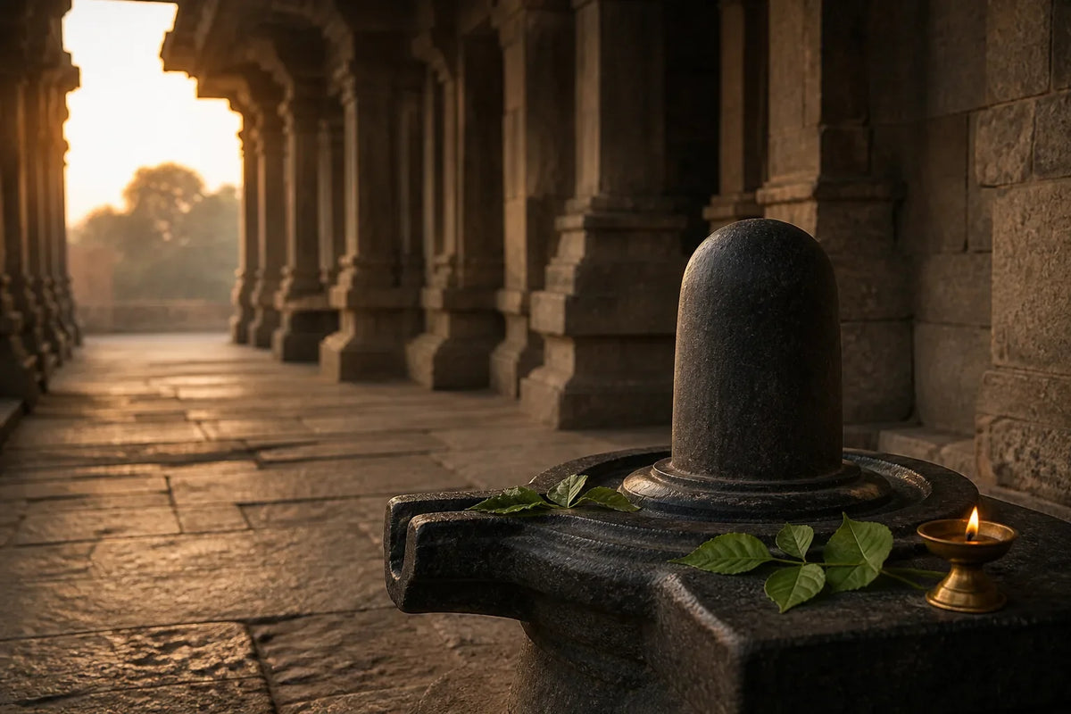 A dark stone linga form with green leaves and a lit brass lamp in a sunlit stone-pillared corridor.