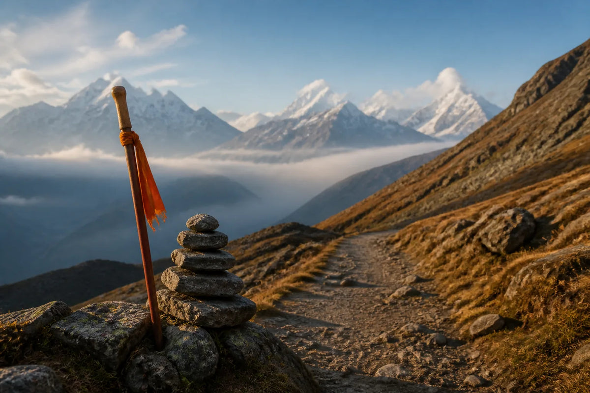 A walking staff with saffron cloth and a stone cairn beside a high mountain trail.