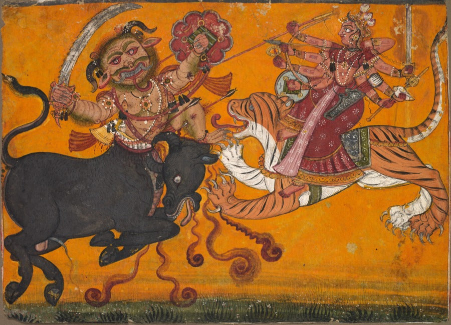 Durga rides a tiger into battle with the buffalo demon Mahisha
