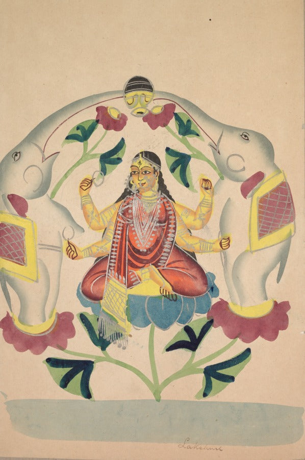 Lakshmi stands on a lotus between two elephants in a Kalighat painting