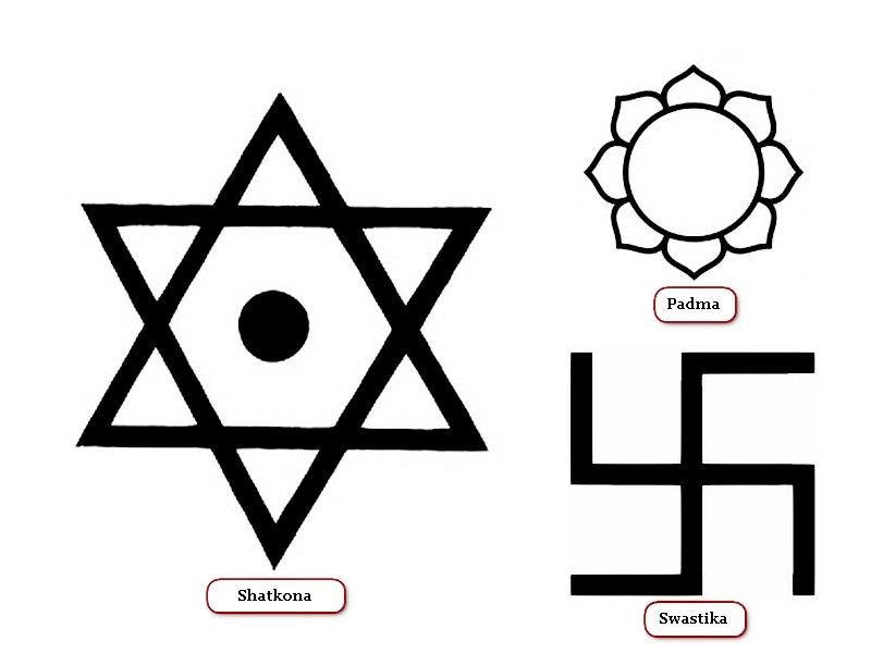 Om, an auspicious swastika and a lotus shown as three Hindu symbols