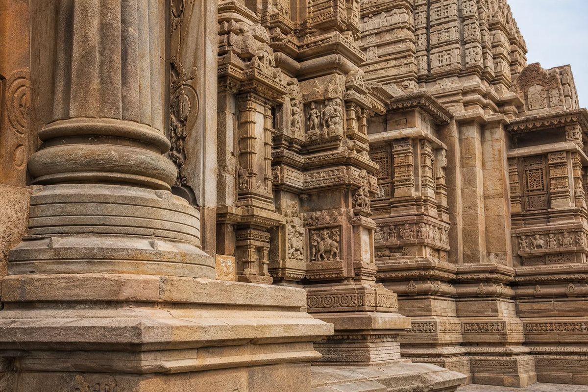 A close architectural view of a richly carved stone temple facade with columns, towers, niches, and sculptural bands.