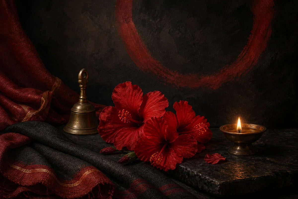 Red hibiscus flowers, a brass bell, dark stone object, lit brass lamp, and red-black cloth arranged as a symbolic still life.