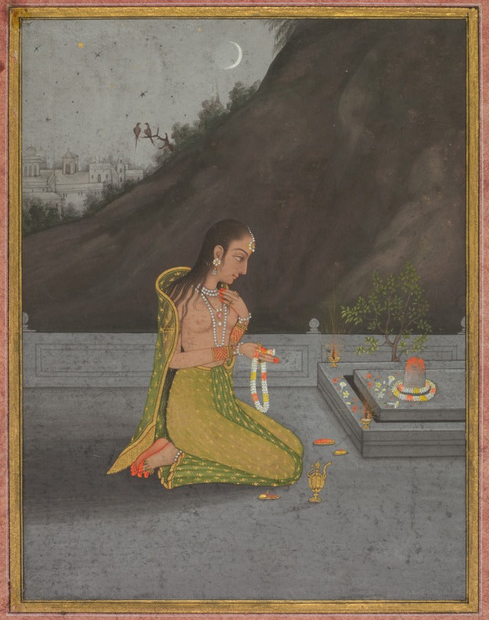 A family gathers around a Shiva shrine during evening puja in an Indian painting