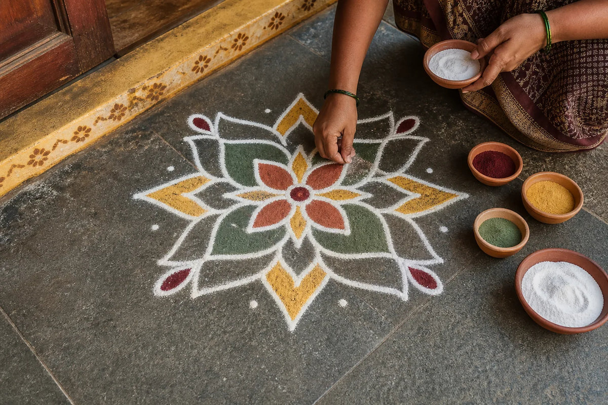 Hands adding white powder to a multicoloured geometric floor design beside small bowls of powder at a doorway.
