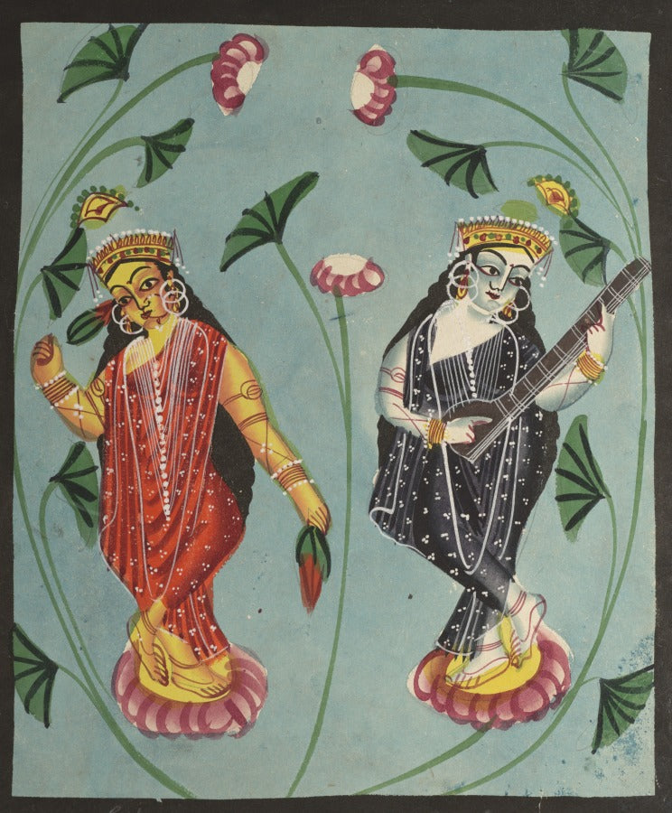 Lakshmi and Saraswati appear together in a Kalighat painting