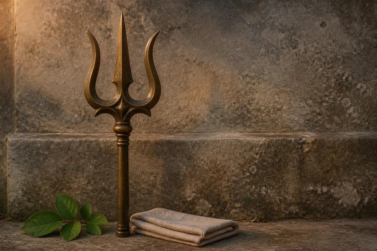 A bronze-coloured three-pronged trishula standing against a weathered stone wall beside green leaves and folded cloth.