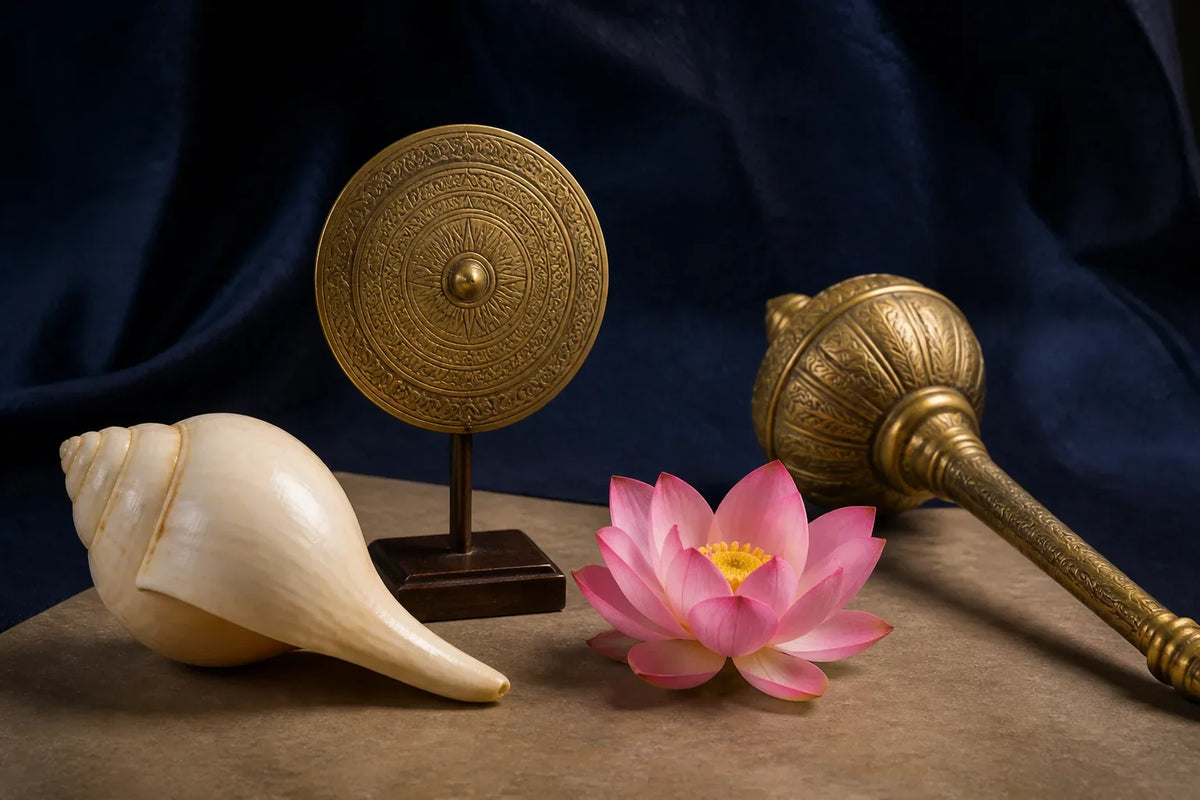 A white conch, ornate brass discus, pink lotus, and brass mace arranged as a still life against dark blue cloth.