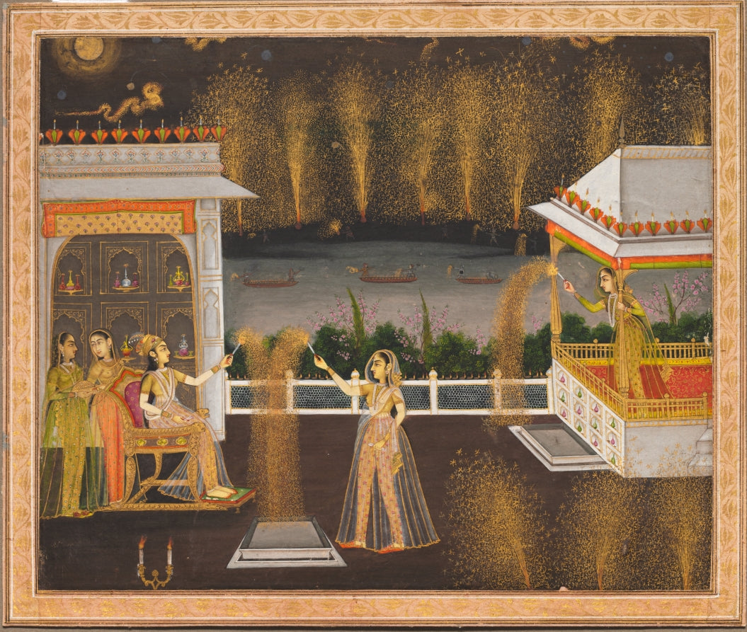 Royal women celebrate Diwali with rows of lamps in a palace setting